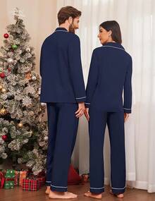 Couple Matching Pajamas 100% Cotton Long Sleeve Sleepwear Button Down Loungewear Pjs Set S-XXLhalloween - 海軍 - 查看 8