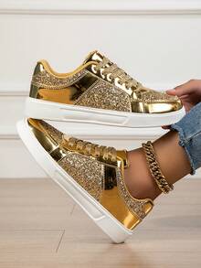 Tênis Casuais Femininos, Sapatos Sociais Brilhantes de Moda, Sapatos Plataforma Cadarço Plano, Cor Dourada Brilhante a Laser