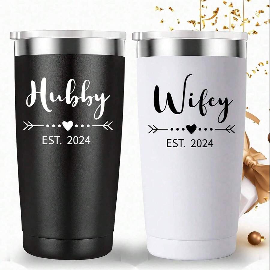 Hubby & Wifey Est 2024 Travel Mug. Valentine's Day Present. Wedding Anniversary Orders. Gift For Couples, Her, Him, Bridal Shower, Husband, Wife, Newlyweds. (20 Oz Black And White)