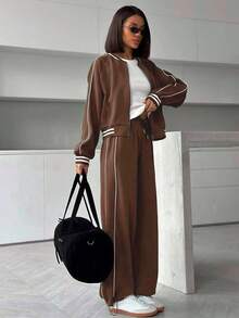 2pcs Women's Fashion Activewear Set, Baseball Collar Zipper Pocket Long Sleeve Top And High Waisted Drawstring Wide Leg Pants, Spring - Coffee Brown - View 10