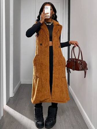 Women's Casual V-Neck Long Vest Jacket With Pockets, For Autumn & Winter Daily Wear