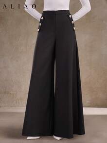 Aliao Excellent Slant Pockets Oversized Wide-Leg Trousers, All Black, Back To School, Basic, Autumn & Winter, Elegant, Modest, Business Casual Woman, Homecoming, Bohemian