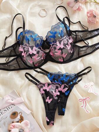 Sexy Lingerie Sets, Two Pieces Sets, Butterfly Exquisite Embroidered Mesh Lingerie, Semi-Transparent Bra And Thong Combination Hot And Sexy, Bedroom Couples Outfit, Everyday Lingerie
