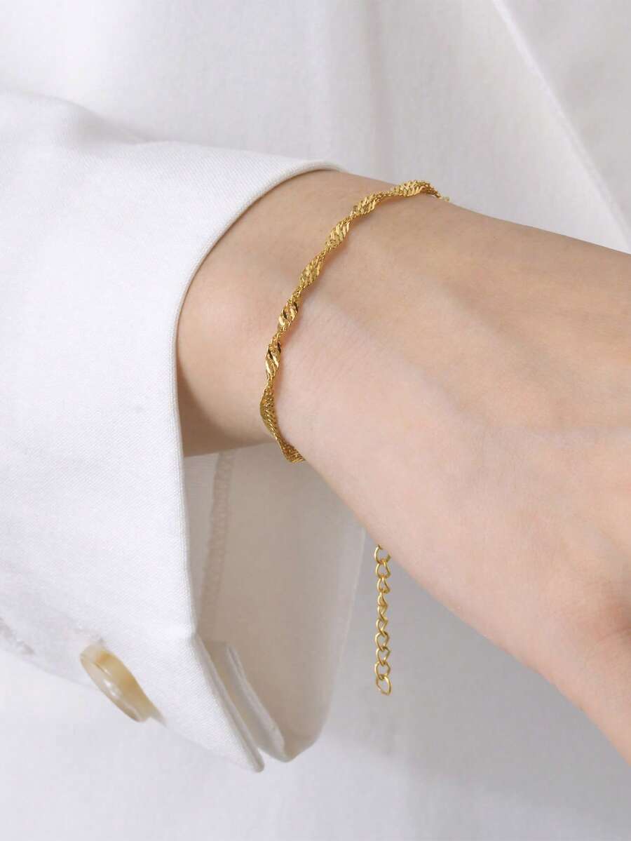 Nooxian 1條簡約女士金色不鏽鋼水波紋鏈 - 金黃色 - 查看 1