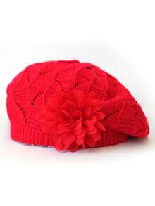 1pc Women's Casual Knitted Beret Hat With Large Floral Decor, Fashionable & Versatile Solid Color - Multicolor - View 26