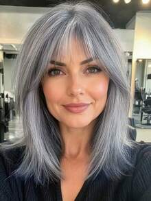 16 Inch Long Straight Grey Wigs With Bangs Synthetic Wigs For Women Ordinary Work, Life, Dance Parties And All Occasions Use