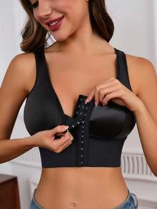 一件腰部系带前扣吊带背心，内置胸垫，休闲打底衫 - 黑色 - 查看 3