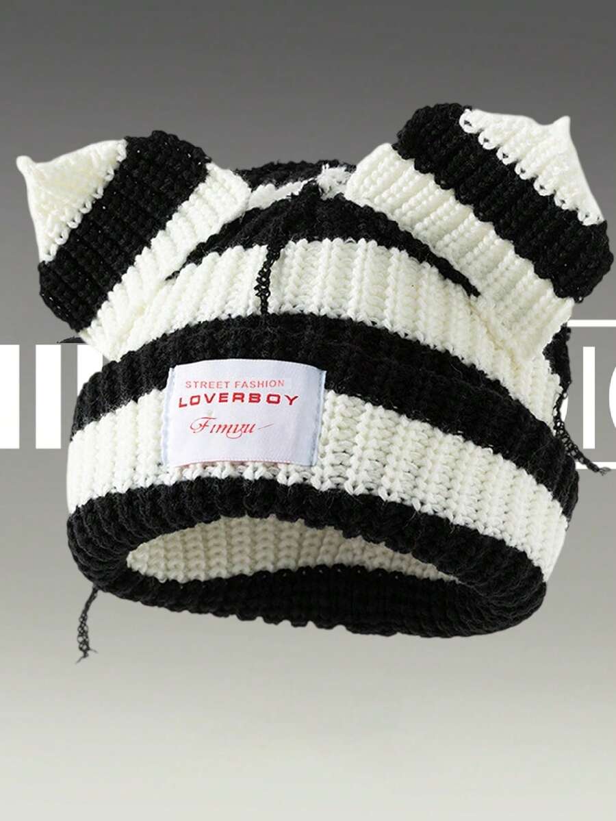 1pc Women's Knitted Hat, Cute Cat/Rabbit Ear Design, Warm Beanie Cap, Suitable For Autumn/Winter Everyday & Outdoor Use (Slight Variation In Stripe Placement)