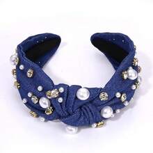 Pearl Knotted Headband For Women White Pearl Rhinestone Jeweled Hairband Fashion Ladies Wide Bride Boho Party Hair Accessories (Denim Dark Blue Knot Hairband) - 牛仔布深藍色結髮帶 - 查看 6