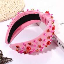 Valentines Day Headband Red Heart Rhinestone Knotted Headband Hot Pink Pearl Wide Top Knot Hairband For Women Valentine Holiday Fashion Head Band Hair Accessories - 粉紅色結髮帶A - 查看 8
