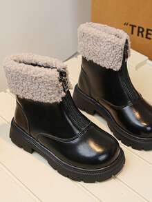 1 pereche de cizme Chelsea negre pentru fete, piele moale + căptușeală caldă din fleece, design clasic cu fermoar frontal, vârf rotund, talpă groasă din cauciuc, stil britanic la modă și drăguț, potrivite pentru 3-12 ani, ținute de zi cu zi, petreceri, școlare, nou-venite toamnă/iarnă - Negru - Vizualizare 3