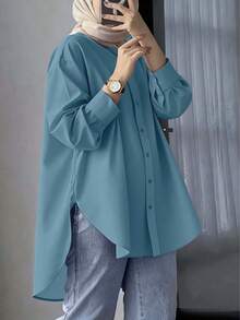 Women Modest Long Sleeve Plaid Shirt Collar Button Front Regular Top In Woven Fabric