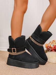 Stivali da neve invernali da donna, stivali alla moda con decorazione in metallo nero, stivali alla caviglia e stivali corti con suola spessa, altezza metà polpaccio, fodera termica, caldi e adatti per uso esterno