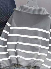 女式拉链条纹针织毛衣，秋冬季百搭打底衫 - 灰色 - 查看 6