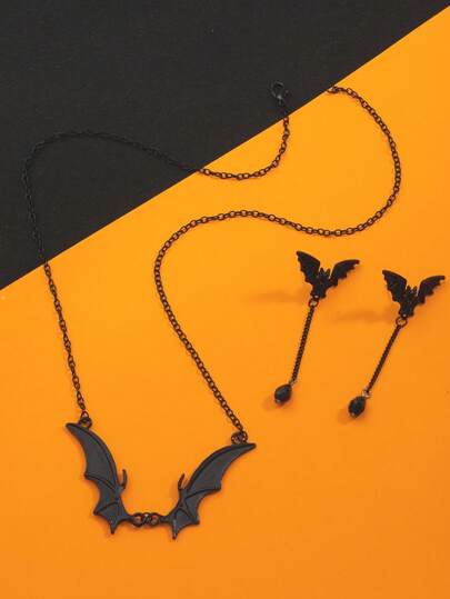 Set de 3 piezas de collar y aretes con murciélagos góticos, accesorios de disfraz para fiesta de Halloween para mujeres