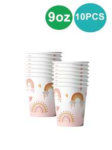 10pcs Pink Bohemian Rainbow Birthday Plate And Napkin Party Cutlery Set, Includes 7 In/9in Paper Plate, 9OZ Paper Cup, For Birthday Parties