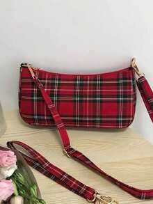 Women's Canvas Shoulder Bag, Korean Style New Arrival, Checkered Baguette Underarm Bag, Retro Crossbody Bag - Red - View 5