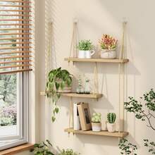 Tomnk Estantes colgantes de 3 niveles para pared, decoración de habitaciones, decoración de pared bohemia, estante flotante para plantas, organizador de madera rústica con cuerda, colgador de almacenamiento para el hogar, dormitorio, cocina y baño. - Multicolor - Ver 8