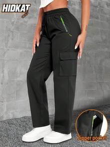Hidkat Women'S Spring/Autumn Letter Print Green Zipper Pocket Cargo Pants, Fashion Large Pocket Design With Drawstring Elastic Waist, Casual Outdoor/Daily Wear Long Pants Gym Clothes Women Workout Y2K Casual Outfits Tights - Black - View 2