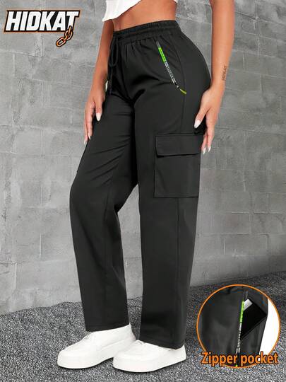 女士春秋季字母印花绿色拉链口袋工装裤，时尚大口袋设计，抽绳松紧腰带，休闲户外/日常穿着长裤，健身运动服，Y2K街头风紧身裤