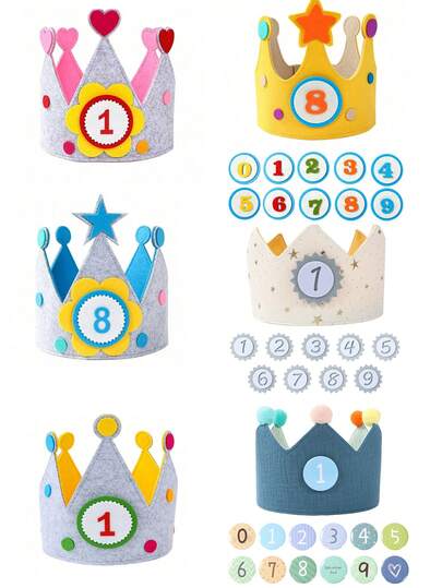 1 套皇冠形生日装饰派对帽，可调节皇冠生日帽，带数字 0-9，共五种款式，生日派对装饰，摄影道具装饰，迎婴派对用品，DIY 装饰帽，1/2/3 岁生日派对配件，装扮头饰，迎婴派对装饰，性别揭示派对装饰，派对礼品，节日派对用品
