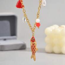 1pc 18K Gold Plated Minimalist Colorful Enamel Small Fish Pendant Stainless Steel Necklace, Suitable For Women's Daily Wear And Gift