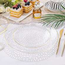 50/25/10/2 طبق شفاف مطرق بحافة ذهبية، أطباق سلطة، أطباق كيك/حلوى، أطباق فاكهة، صواني تقديم الطعام، مثالية للأعياد والحفلات وأعياد الميلاد والأعراس وعيد الشكر والكريسماس والعام الجديد