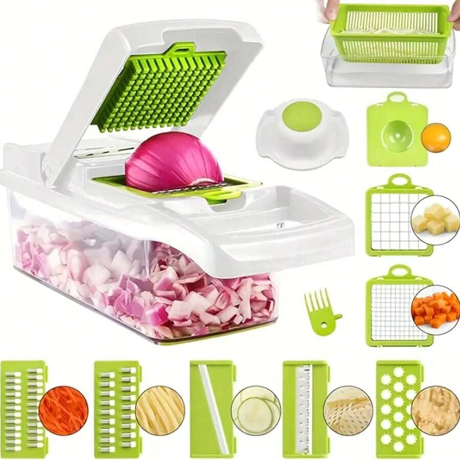 [Vegetable Slicer] 16-In-1 Vegetable Chopper, Professional Onion Chopper, Multi-Functional Food Chopper, Kitchen Vegetable Slicer And Dicer, Vegetable Chopper With 8 Blades, Carrot Chopper With Container Father Gift - White and Green - View 1