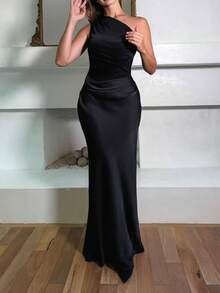 Vestido de fiesta elegante de mujer StyleQye con cuello asimétrico, sin mangas, espalda descubierta, de satén con parches de unicolor, vestido de noche formal con volante irregular en el bajo y cremallera