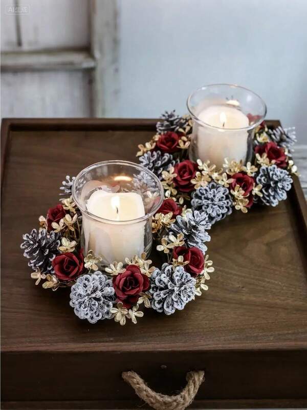 1pc-Christmas Candle Holders, Candles, Scented Wreaths, Pinecone Roses, Tabletop Decorations, Ornaments,(Some Parts May Be Random), Holiday Necessities, Autumn, Thanksgiving, Christmas, Carnival, National Day, Autumn, Independence Day,(Random Style Shipped)