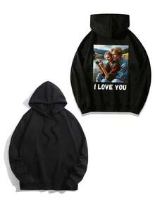 Plus Size Men's Pullover Hooded Sweatshirt, Upload Your Loved Ones/Friends/Family/Scenery/Pets Photos, Valentine's Day Customization Sports Black - Black - View 3