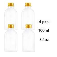 32/4 piezas Botellas de plástico reutilizables de 100ml con tapas doradas, plateadas y negras, adecuadas para jugo, leche, batido, té y otras bebidas, así como cerveza de jengibre, excelentes para viajes, actividades al aire libre, campamentos, fiestas de cumpleaños, regalos de boda - Transparente - Ver 8