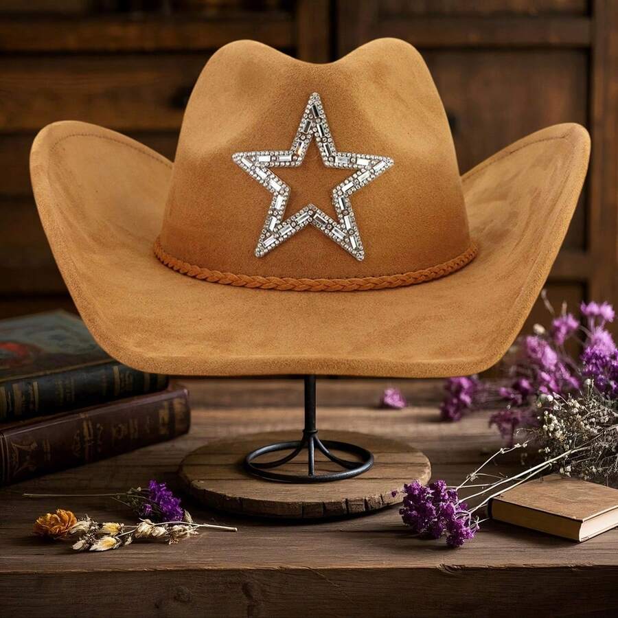 Western Style Wide Brimmed Hat Stylish Diamond Pentagram Decorative Suede Cowgirl Cap For Men Women Outdoor Wear - Khaki - View 1