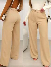 Premium Tailored Wide Leg Pants With Covered Belt  2026 - 米色 - 查看 1