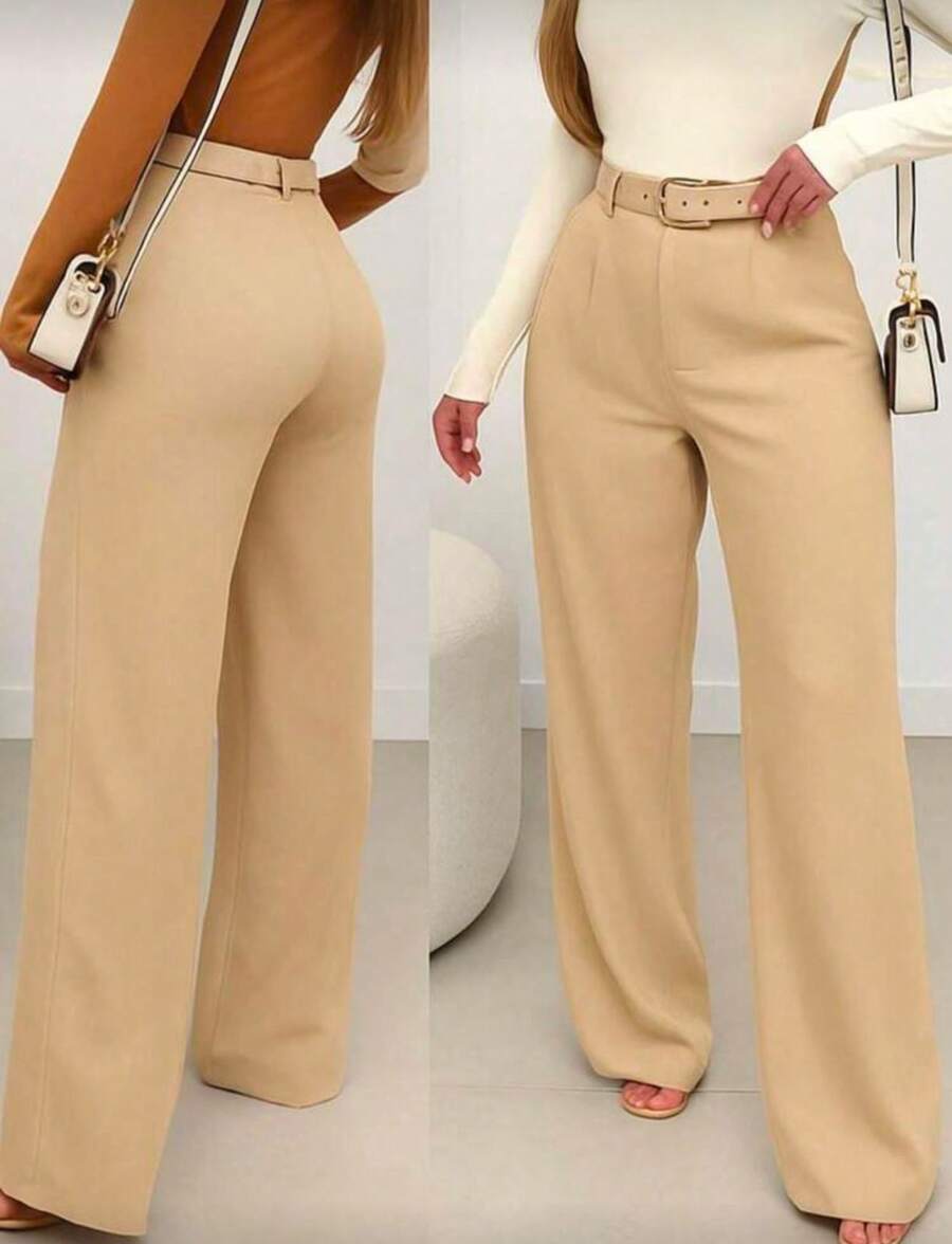 Premium Tailored Wide Leg Pants With Covered Belt 2026 - 米色 - 查看 1