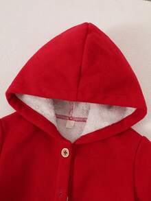 年轻女孩秋冬羊毛混纺保暖内衬单排扣连帽夹克，休闲开襟外套 - 紅色 - 查看 3