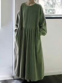 Modest Khaki Long Smock Dress For Plus Size Women Featuring Round Neck Raglan Long Sleeves Button Details And Flared Hem - Green - View 8