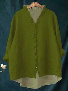 Plus Size Women Ruffle Collar Long Sleeve Regular Moss Green Casual Shirt, Suitable For Daily Office Wear - Moss Green - View 1