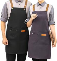 CASAMIEL 2 PCS Delantales de Cocina para Mujeres y Hombres, Delantales Ajustables con Bolsillos para Chef, Mandiles de Poliéster Impermeable para Cocina, Barbacoa, Pintura y Jardinería - NegroGris - Ver 1