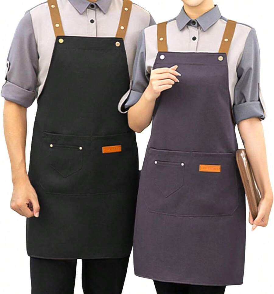CASAMIEL 2 PCS Delantales de Cocina para Mujeres y Hombres, Delantales Ajustables con Bolsillos para Chef, Mandiles de Poliéster Impermeable para Cocina, Barbacoa, Pintura y Jardinería - NegroGris - Ver 1