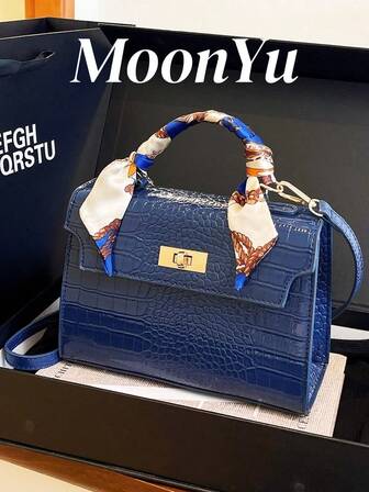 New Glossy Crocodile Pattern Women Handbag, Large Capacity, Fashion Elegant, Comes With High-End Silk Scarf, Shoulder Strap Adjustable, Blue