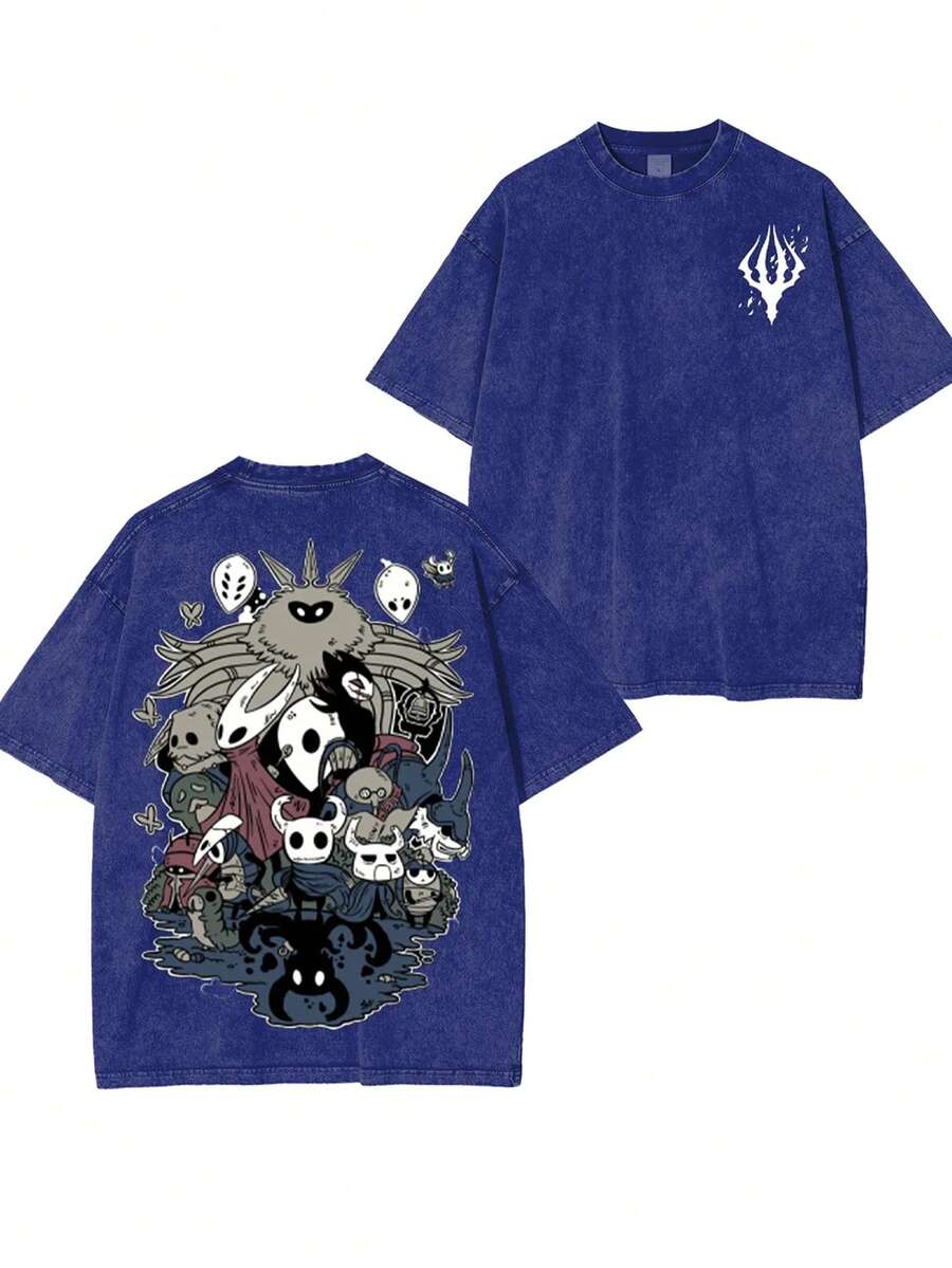230g Washable Pure Cotton Halloween T-Shirt, Hollowed-Out Knight Silk Song Unisex Washable T-Shirt, Game Character Collection, Autumn T-Shirt For Men And Women, Horror Season T-Shirt, Machine Washable, Perfect Holiday Gift. - 寶藍色 - 查看 1