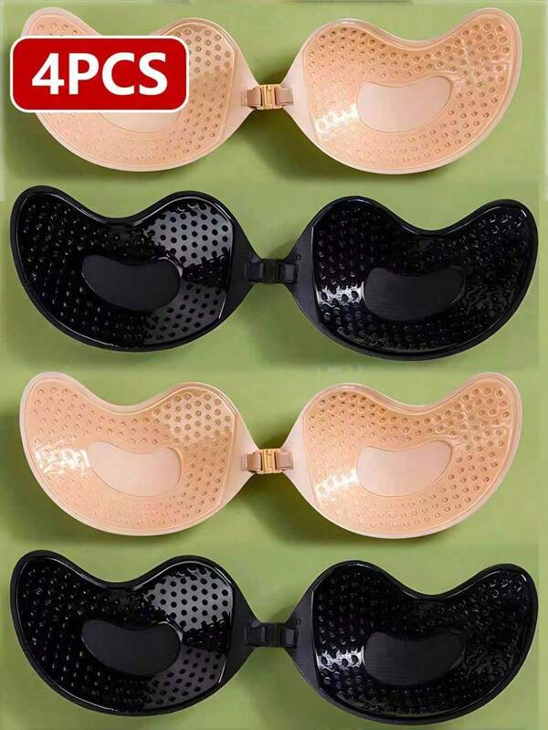 4pcs/Set (2 Black + 2 Skin Color) Strapless Sticky Silicone Backless Push Up Bra Cups Invisible Cleavage Enhancer For Women, Breathable Adhesive Bra Petals For Deep V Dresses & Backless Outfits