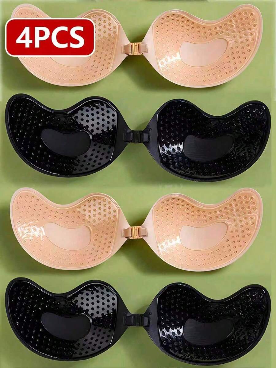 4 peças/Conjunto (2 Preto + 2 Cor da Pele) Sutiã Adesivo Sem Alça Silicone Sem Costas Push Up, Realçador de Decote Invisível para Mulheres, Pétalas de Sutiã Adesivas Respiráveis para Vestidos Decote V Profundo e Looks Sem Costas - Multicolorido - Visão 1