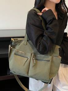 Fashionable Casual New Women's One Shoulder Tote Bag, Multi-Compartment Storage Bag, Simple Solid Color Corduroy, Multi-Pocket, Versatile, Suitable For Travel, Shopping, Sports, Commuting, Elegant Handbag