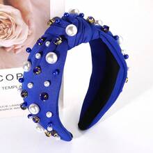Pearl Knotted Headband For Women Football Game Day Pearl Rhinestone Jeweled Hairband Team Spirit Football Sports Fashion Ladies Wide Headband Game Day Sports Hair Accessories - 藍B - 查看 3