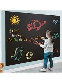 1卷儿童涂鸦黑板墙贴，可移除、可擦写、可撕办公室教学绿板墙贴黑板墙纸白板贴，赠送五种颜色粉笔，耐用干擦防水自粘墙纸留言板，适用于办公室、学校、家庭