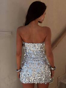 Women Sequin Strapless Dress Y2K Sparkly Off The Shoulder Tube Mini Dresses Bodycon Party Club Streetwear