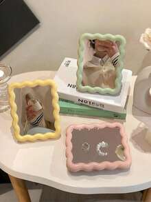 1pc Cute Makeup Mirror, Cream Wavy Design, Tabletop/Wall-Mounted, Suitable For Dorm, Vanity, Office, Makeup, Affordable, Room Decor, Vanity, Travel, Bedroom, Makeup Accessories, Mirror, Vanity Mirror, Mini Mirror, Compact Mirror, Small Mirror, Handheld Mirror, Inexpensive, Christmas Gift, Cosmetics, Makeup Tools, Cheap, Gift, Women's Gift, Christmas Gift - Multicolor - View 6