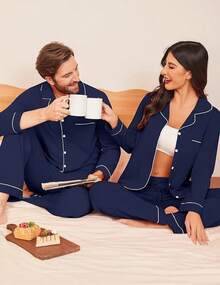 Couple Matching Pajamas 100% Cotton Long Sleeve Sleepwear Button Down Loungewear Pjs Set S-XXLhalloween - 海軍 - 查看 2